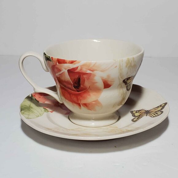 222 Fifth Teacup and Saucer Pink Flower Butterfly - Picture 10 of 10